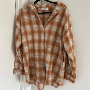 Brown and White Plaid Button-Up Shirt